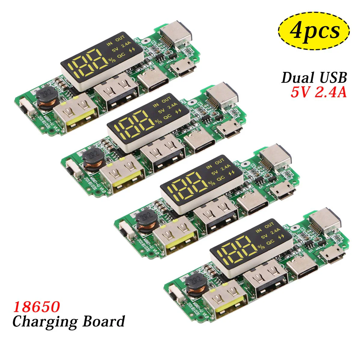 4pcs 18650-Board Dual USB 5V 2.4A Mobilmodul 18650-Lithium-Batterie-Ladegerät-Board mit Überladungs- und Kurzschlussschutz DIY USB-Board