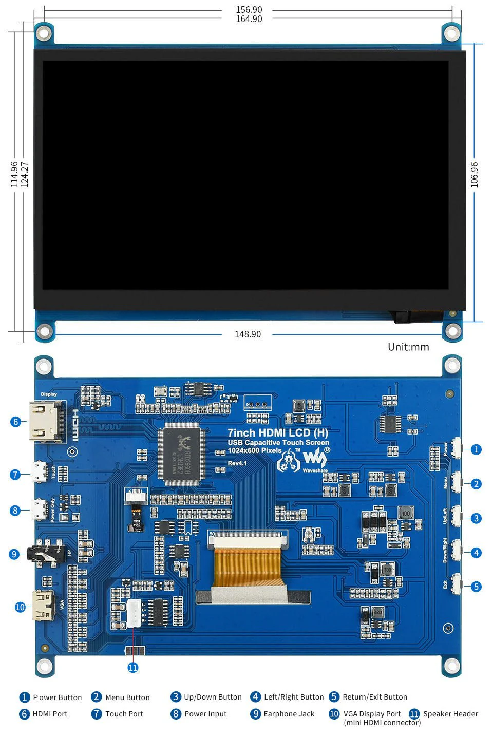 Waveshare 7" IPS HDMI USB Touchdisplay mit Audio kompatibel mit Raspberry Pi - Image 6