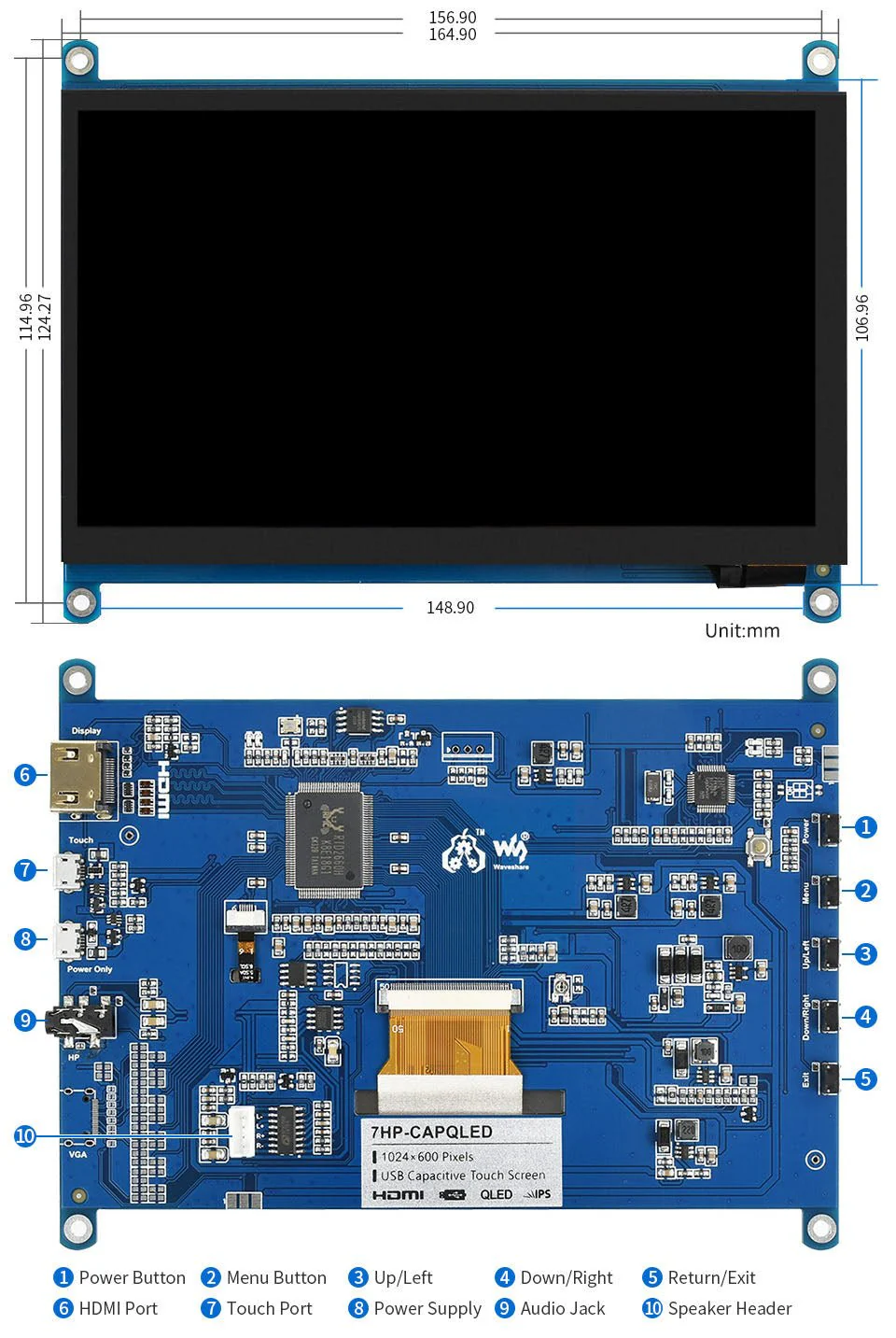 Waveshare - 7" QLED HDMI USB Touchdisplay - Image 7