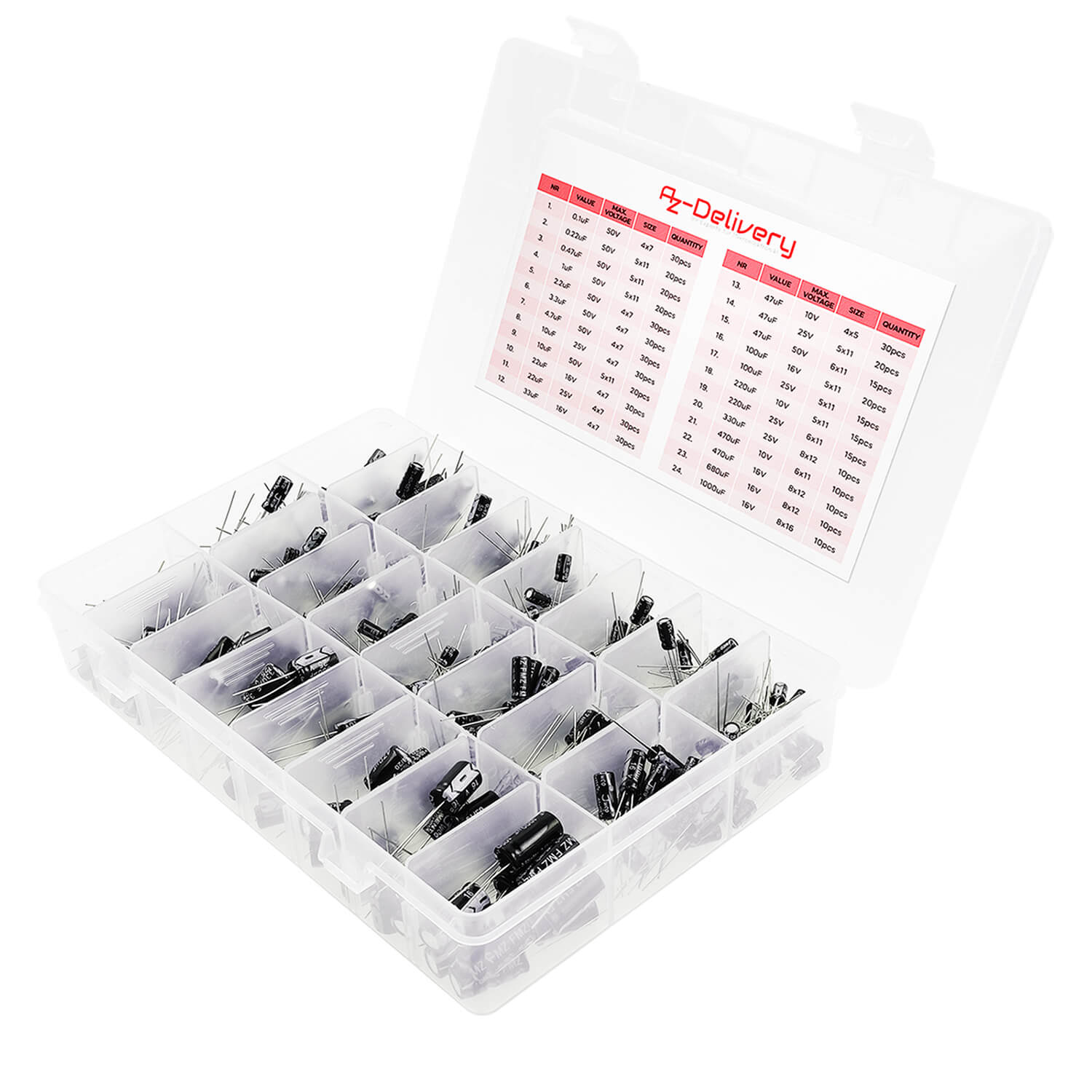 ElKo Sortiment Elektrolytkondensator Aluminium 24 Varianten, 500 Stück 0.1uF – 1000uF mit Aufbewahrungsbox kompatibel mit Arduino - Image 3