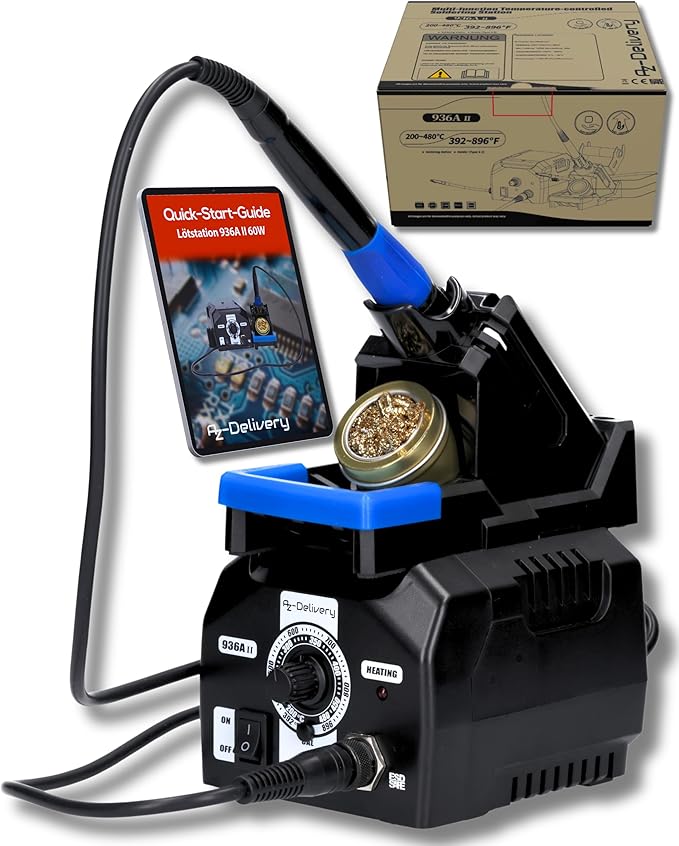 Lötstation 936A II Lötkolben-Kit, 115W, einstellbar 200°C-480°C, inklusive steckbarem Lötkolbengriff, Lötständer, Lötspitzenreiniger & hitzebeständigem Reinigungsschwamm